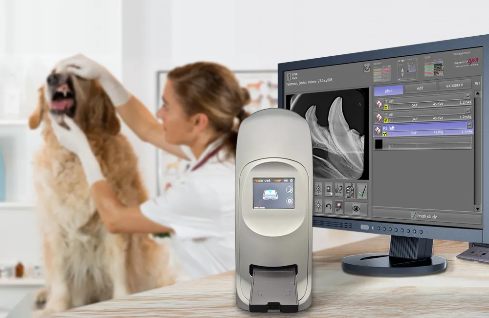 CR reader with monitor and veterinarian examining dog’s teeth in background
