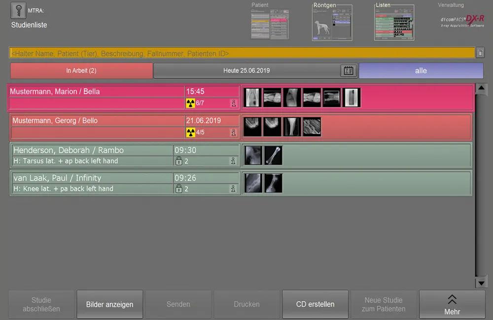 dicomPACS®DX-R software showing veterinary study list interface
